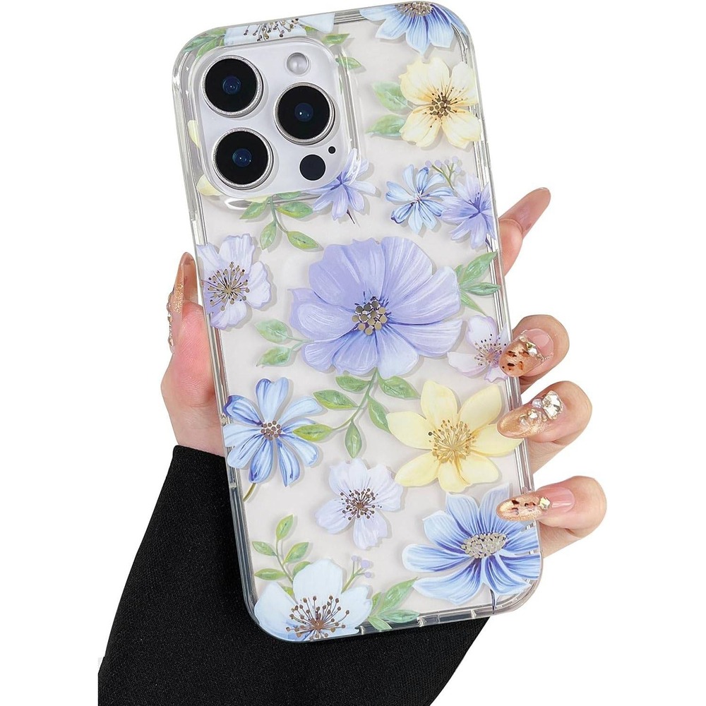 Floral Clear iPhone 14 Pro Max Case Purple Yellow Blue Flower TPU Cover